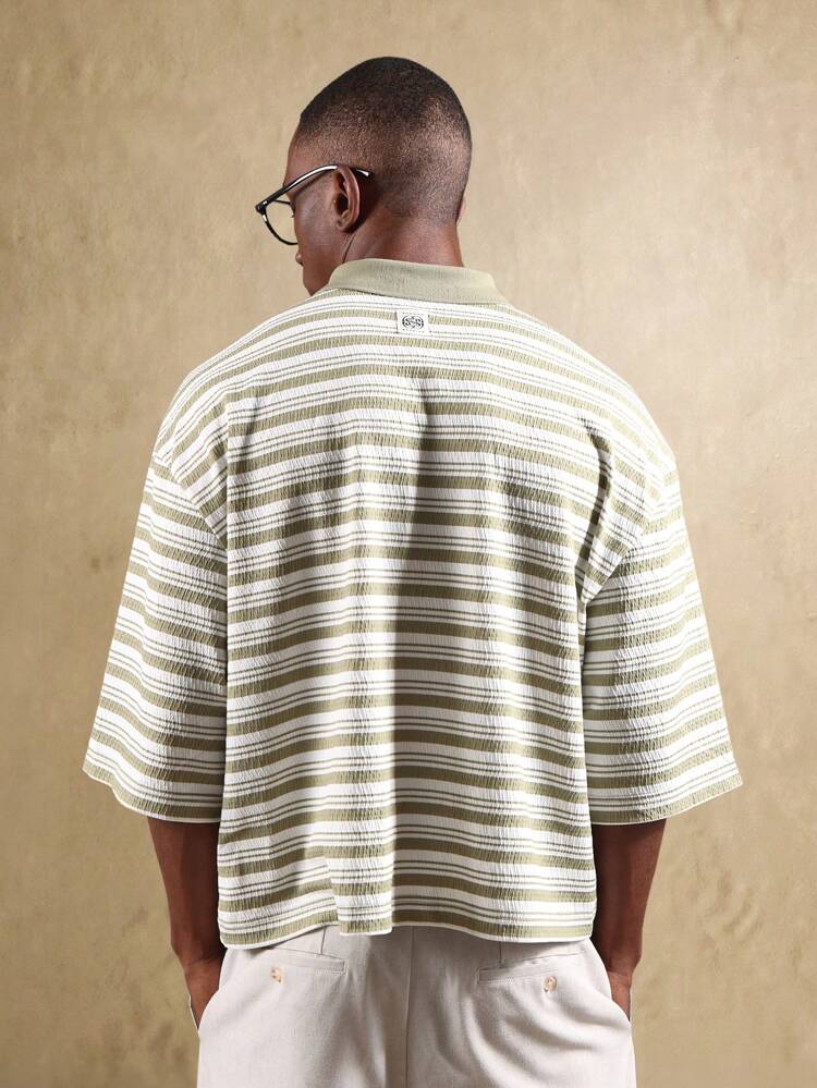 Oversized Striped Polo Shirt With Extended Placket