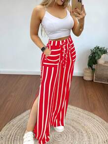 INAWLY 2 件性感修身吊带背心和直筒条纹裤套装，休闲优雅，适合女士 - 紅色 - 查看 4