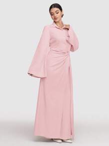 Veilorie 1pc Women's Ultra Long Solid Color Dress, Minimalist Fashion Casual Everyday Wear Modest - Baby Pink - View 3