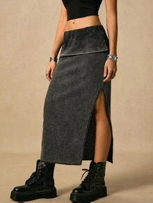 Easelle 绿色水洗复古游牧风开衩半身裙 秋冬搭配半身裙 雪灰色水洗复古深灰色秋装 女装秋冬下装半身裙 - 黑色 - 查看 7