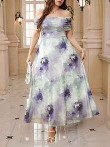 SHEIN Clasi Elegantes und romantisches Batik-Muster in Große Größen, Off-Shoulder langes Kleid - Mauve - Übersicht 4