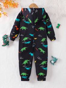 SHEIN Young Boy Loose Comfortable All-Over Cartoon Dinosaur Print Hooded Jumpsuit, Back To School Season Fall Winter