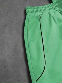 PAVTROS 男士字母印花圆领短袖休闲T恤抽绳腰短裤运动套装男绿色短套装男绿色出装超越短套装两件套短套装男夏季套装