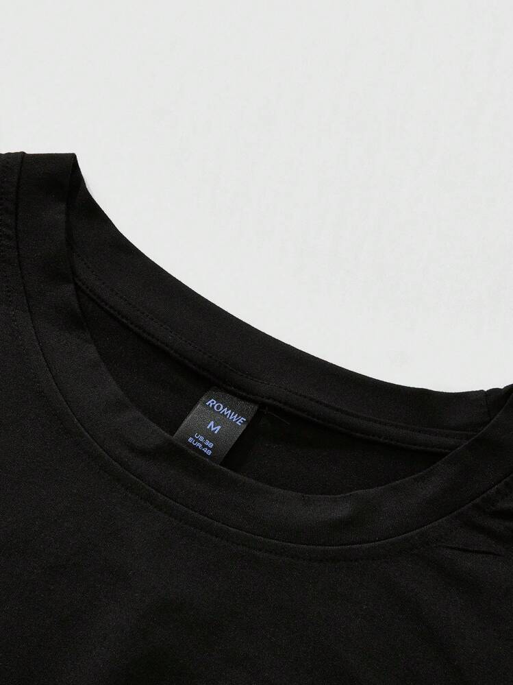 ROMWE MEN Street Life Men's Short Sleeve T-Shirt With Rhinestone English Graphic Print, Summer - Black - View 5