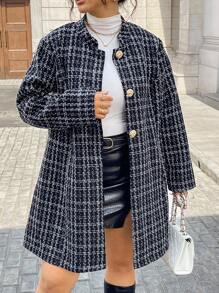 INAWLY 大码女式格子长袖单排扣休闲外套秋冬女装 - 黑色 - 查看 6