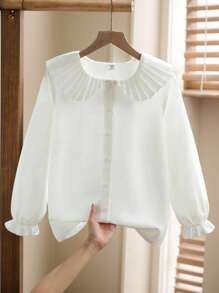 SHEIN 女孩休闲优雅都市通勤学校宽松一字肩无袖背心运动衫和蓝色长袖衬衫裙两件套，适合秋季、冬季、学校、毕业、日常穿着， - 白色 - 查看 9