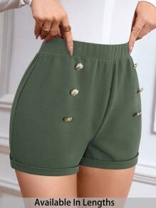 SHEIN PETITE CURVE Quần short cạp cao cài nút thường ngày cỡ lớn - Màu xanh Ô liu - Xem 1