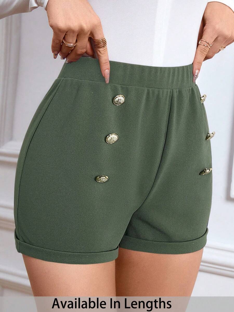 SHEIN PETITE CURVE Quần short cạp cao cài nút thường ngày cỡ lớn - Màu xanh Ô liu - Xem 1