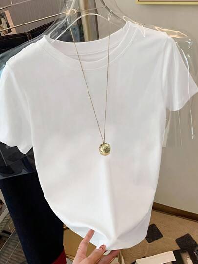 Airaco Women's Casual Versatile Simple Solid Color Round Neck Short Sleeve T-Shirt