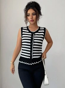 Selianne Sleeveless Round Neck Floral Hem Contrast Color Elegant Romantic Delicate Women Sweater Vest - Black and White - View 5