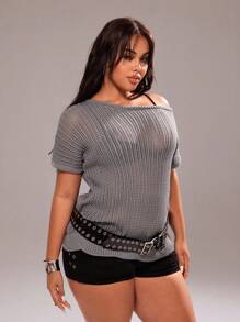 Rustia Plus Size Women's Solid Color Bat Sleeve Hollow Out Casual Knit Top - Grey - View 4