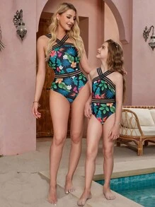 青少年女孩热带植物印花拼布丝带连体比基尼泳装，母子装（2 件单独出售） - 彩色 - 查看 7