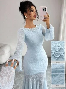 Modelyn Elegant Boat Neck Bell Sleeve Fitted Mermaid Hem High Stretch Textured Knit Dress Fall Cloth For Women - Blue - View 1