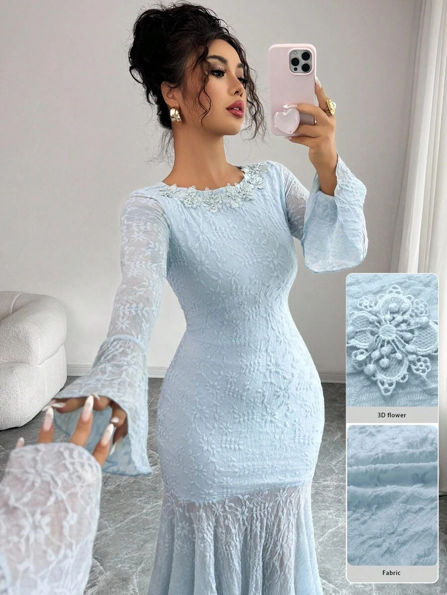 Modelyn Elegant Boat Neck Bell Sleeve Fitted Mermaid Hem High Stretch Textured Knit Dress Fall Cloth For Women - Blue - View 1