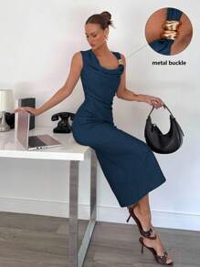 Siren Gaze 女士优雅不对称设计金属扣装饰连衣裙，鸡尾酒会连衣裙 - 藏蓝色 - 查看 5