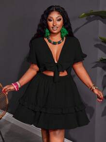 Slaydiva 大码女式休闲浪漫度假性感修身纯色紫红色短袖荷叶边胸前系带A字迷你连衣裙，梭织纹理面料 - 黑色 - 查看 8