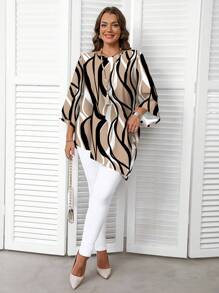 EMERY ROSE Kemeja Lengan Panjang Leher Bulat Motif Garis Kasual Ukuran Besar, Cocok untuk Blus Wanita Musim Semi dan Gugur, Atasan Motif Zebra Elegan - MultiWarna - View 5