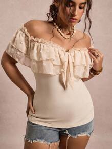 SHEIN VCAY Plus Size Casual Off Shoulder Ruffle Trim T-Shirt Ruffled Top Milkmaid Top Off The Shoulder Top Swiss Dot Top Cute Tops Going Out Tops Women Flowy Top Sexy Tops Casual Tops Women Work Tops Women Back To School Fall Teacher School Teacher Country Concert Western Boho Rave Vintage 2000s Style Fall Plus Size Country Old Money Bohemian Casual Autumn - Apricot - View 3