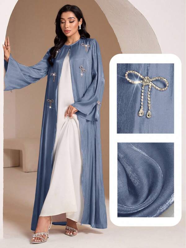 Veilorie Women's Elegant Modest Rhinestone Bow Decor Arabic Abaya Abayas Dubai Luxury