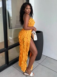 Alexandranx Women's Vacation Solid Color Ruffle Hem Split High Low Cami Dress - Yellow - View 5
