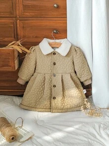 SHEIN Vintaside Kids 女婴花朵腰部加厚外套，长款卡其色可爱冬季外套 - 卡其色 - 查看 4