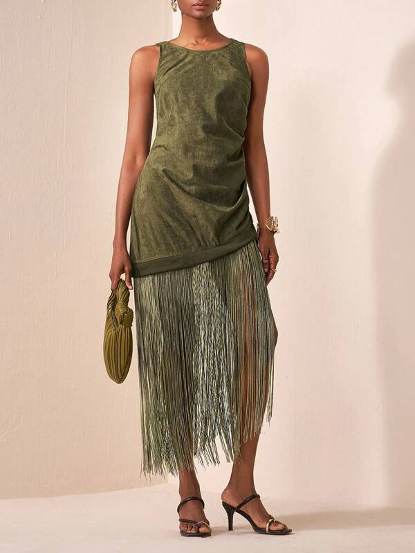 Zivah 2025 Spring/Summer New Music Festival Bohemian Elegant Vacation Solid Military Green Suede Loose Side Drawstring Tassel Dress For Women