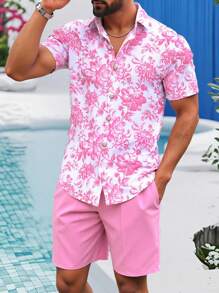 VENTUSAIL 男士花卉印花短袖衬衫和短裤休闲套装，适合度假穿着，舒适装扮 - 粉色 - 查看 4