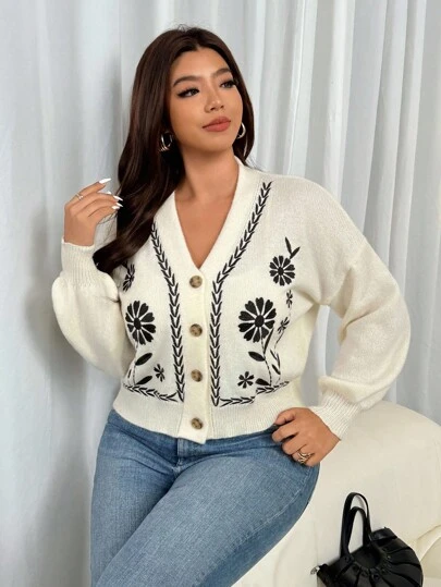 Firerie Plus Size Women Embroidered V-Neck Drop Shoulder Contrast Color Casual Loose Cardigan Autumn Winter Clothes For Women