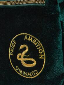 HARRY POTTER X SHEIN Mochila de moda de terciopelo verde oscuro acolchada con bordado de serpiente y letra para volver a la escuela - Verde - Ver 7