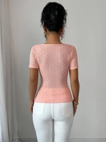 Elenzga 女士优雅不对称领口3D玫瑰金纽扣装饰短袖T恤 - 粉色 - 查看 3