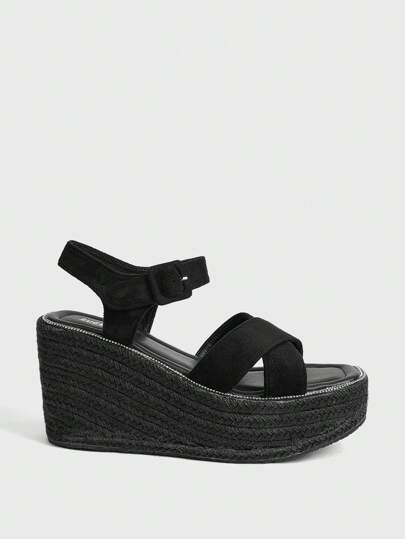 Sugerpunk 女士时尚厚底防水坡跟帆布凉鞋，黑色朋克风格，适合派对和度假