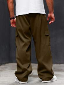 Manfinity Homme 男士加大码纯色抽绳工装裤，带口袋，休闲风格，黑色工装裤，黑色工装裤，男士黑色工装裤，宽松工装裤，秋季 - 摩卡棕 - 查看 2