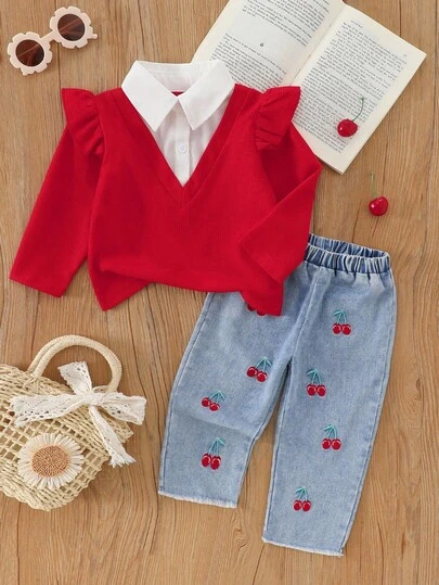 2pcs Baby Girls' Casual Red Long Sleeve Top And Denim Pants Set Cherry Baby Outfit Baby Girl Outfit Toddler Girl Outfit Cherry Jeans Outfit Baby Jeans Set Baby Girl Outfit Set Toddler Girl Clothes Baby Girl Jeans Outfit Baby Girl Clothes Baby Jeans Outfit Red Baby Outfit Fall Winter