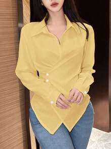 EMERY ROSE 女士纯色长袖裹身衬衫，春秋季女式休闲衬衫，适合春季、秋季、大学校园穿着 - 黃色 - 查看 3