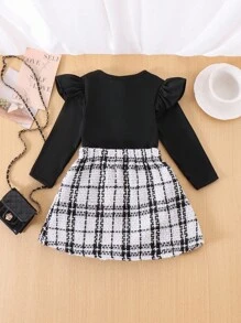 SHEIN Playful Pals 2 件套女婴针织长袖圆领 T 恤和裙子套装，优雅时尚秋冬装 - 黑色 - 查看 2