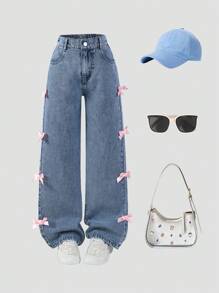 Jeans estilo Y2K para niñas preadolescentes, lavado azul medio vintage, decoración con lazo rosa, corte recto y suelto, tela suave y cómoda, y versátil, denim para niñas - Azul lavado medio - Ver 3