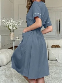 SHEIN 女士休闲纯色针织仿丝罗纹短袖家居睡袍 - 藍色 - 查看 2