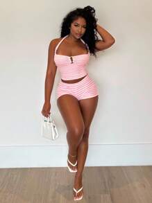 Alexandranx 女士条纹紧身吊带上衣和超短裤套装 - 粉色 - 查看 1