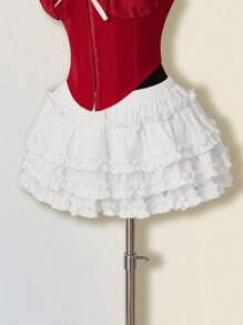 SHEIN ICON 女式鱼骨文胸上衣和褶皱荷叶边下摆裙两件套，性感唇彩蛋糕裙适合派对、生日、休闲装、秋冬季女装 - 紅白色 - 查看 5