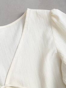 Sweetra 复古法式优雅女士优雅纹理系带荷叶边可爱甜美风格女式衬衫秋季女装 - 杏色 - 查看 6