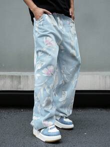 Manfinity Roghcode Plus Size Men's Rose Print Washed Denim Jeans, Casual Streetwear Street Style, All Season Flower Harajuku Emo City Break Work Light Blue Floral Summer - Light Wash - View 4