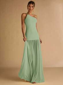 SHEIN BAE 女士杏色不对称肩部金属扣装饰紧身连衣裙，透明下摆，优雅 - 薄荷綠 - 查看 6