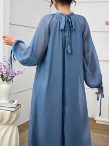 SHEIN Najma 长袖雪纺高领高腰超长连衣裙 - 藍色 - 查看 3