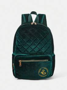 HARRY POTTER X SHEIN Mochila de moda de terciopelo verde oscuro acolchada con bordado de serpiente y letra para volver a la escuela - Verde - Ver 2