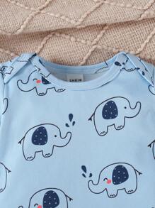 SHEIN 2件套新生儿可爱大象印花白色和蓝色简约长袖连脚连体睡衣 - 白色 - 查看 3