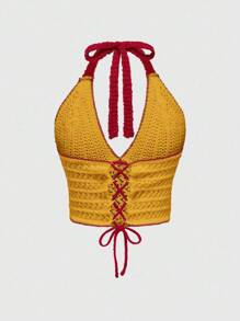 ROMWE Kawaii Top de punto con cuello de halter ajustado con diseño 3D de cerezas lindas para mujeres, ideal para vacaciones - Amarillo - Ver 2