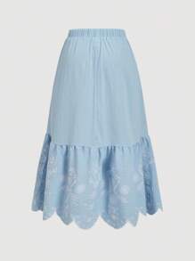 SHEIN MOD Gonna midi a-line blu ricamata per taglie forti, adatta per l'estate - Blu - Visualizzare 2