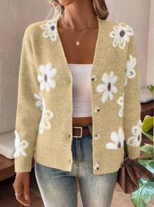 EMERY ROSE 女式花卉印花长袖单排扣休闲开衫 - 黃色 - 查看 4