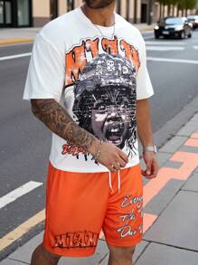 Manfinity LEGND Manfinity Streetrush Men's Plus Size Summer Fashion Portrait Graphic Short Sleeve T-Shirt And Shorts Set, Streetwear - Multicolor - View 5