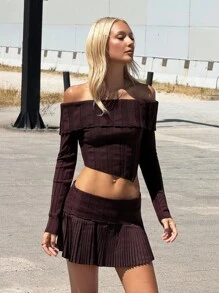 SHEIN ICON Women's Solid Color Off Shoulder Long Sleeve Asymmetric Hem Cropped Sweater And Pleated Knit Mini Skirt 2 Pieces Set Fall Women Clothes - Brown - View 3